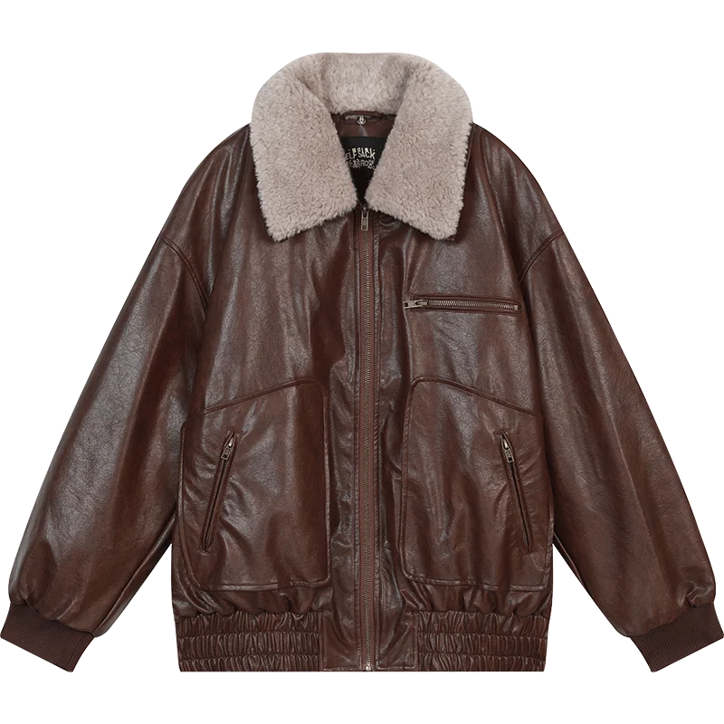 VILZSTUDIOS Vintage Brown Fleece Neck PU Leather Jacket