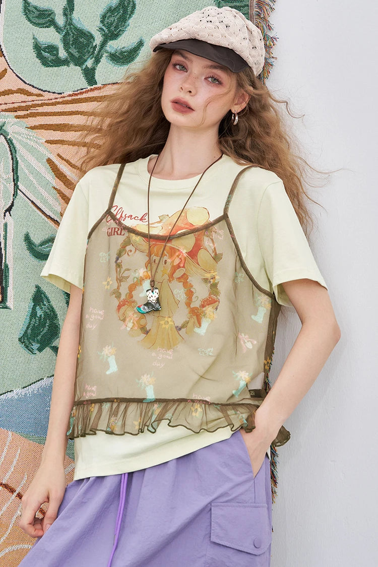 VILZSTUDIOS Cute Mesh Halter Print Two-Piece T-Shirt