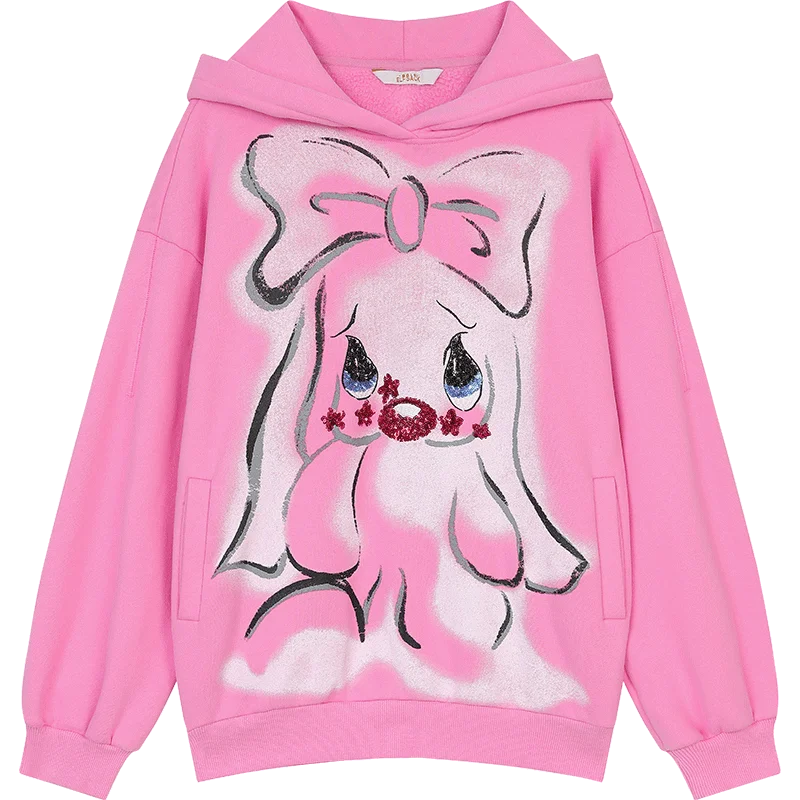 VILZSTUDIOS Pink Velvet Cartoon Rabbit Printed Hoodie