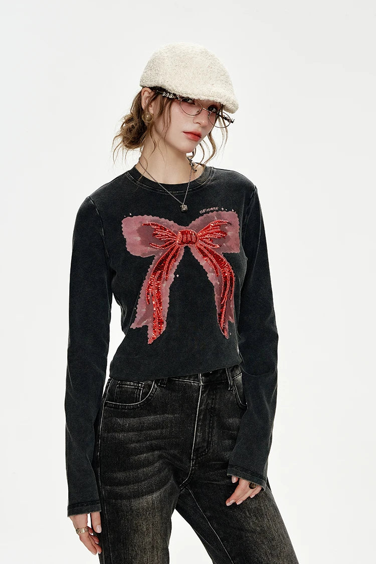 VILZSTUDIOS Bowknot Sequin Embroidered Slim Long Sleeve Top