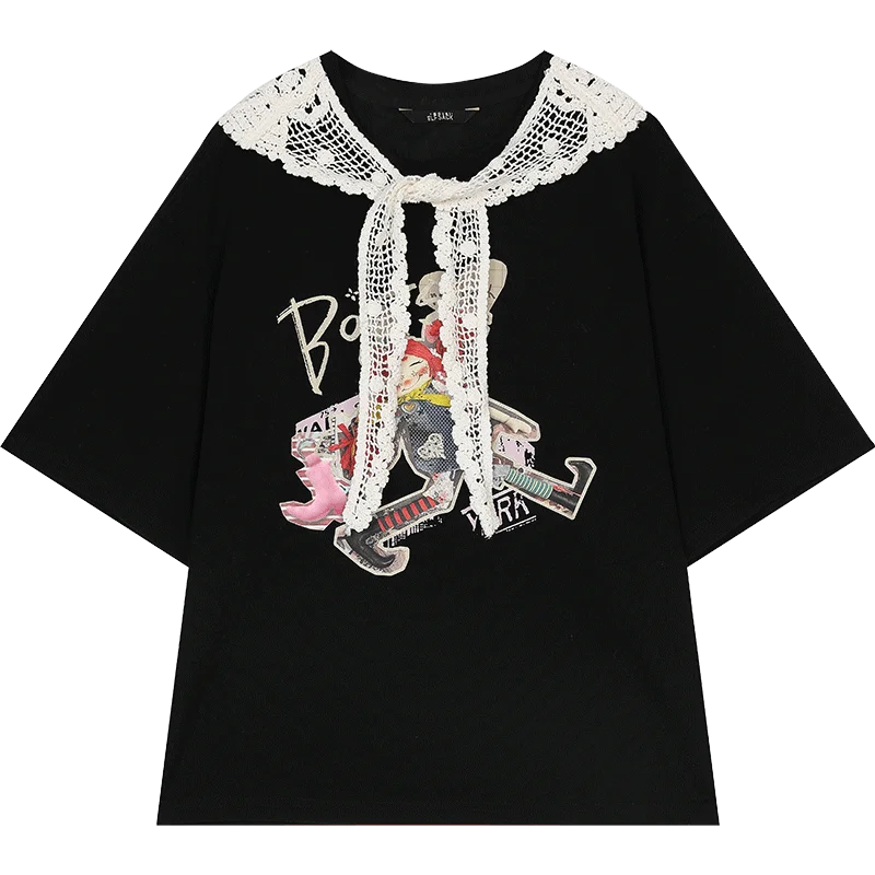 VILZSTUDIOS Lace Round Neck Printed T-Shirt