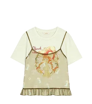 VILZSTUDIOS Cute Mesh Halter Print Two-Piece T-Shirt