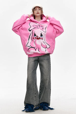 VILZSTUDIOS Pink Velvet Cartoon Rabbit Printed Hoodie