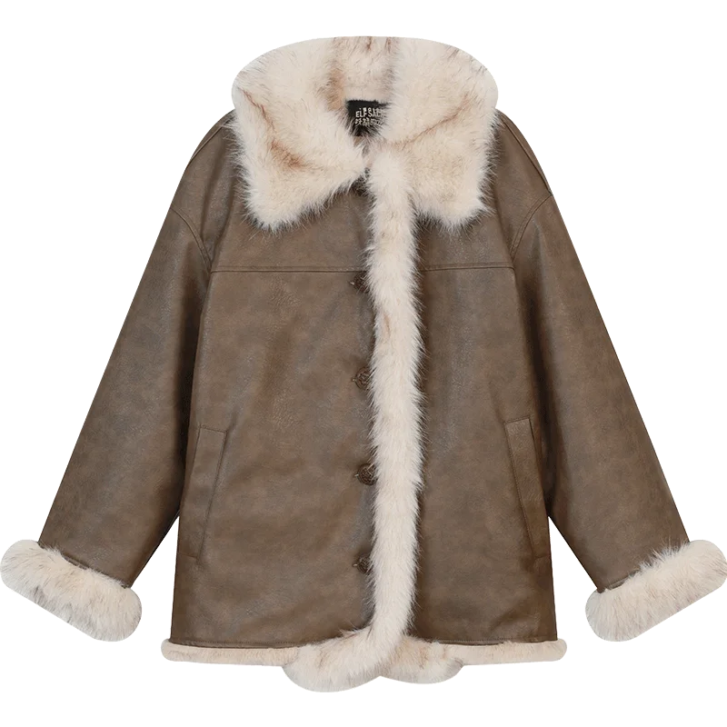 VILZSTUDIOS Elegant Brown Plush PU Leather Jacket