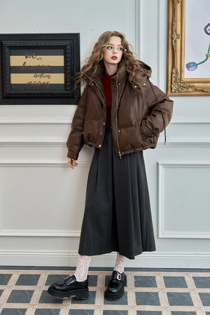 VILZSTUDIOS Cozy Maillard Leather Hooded Puffer Jacket