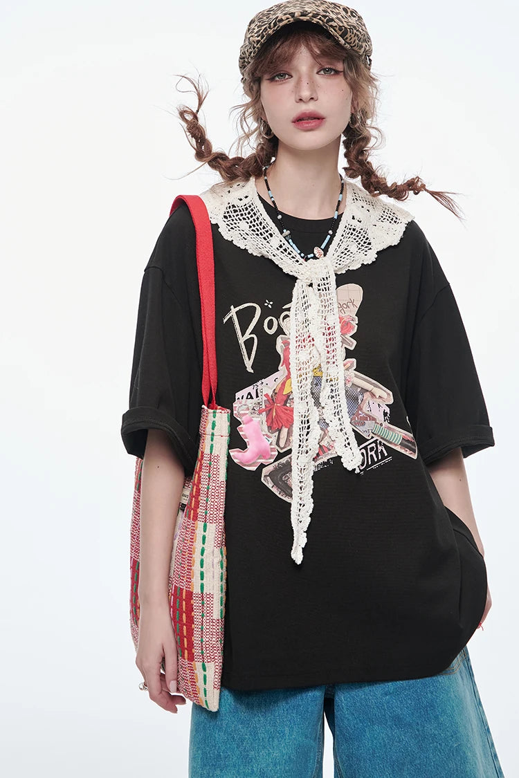 VILZSTUDIOS Lace Round Neck Printed T-Shirt
