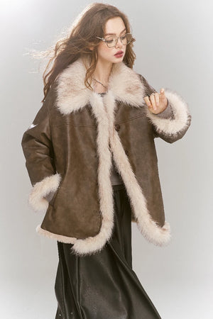 VILZSTUDIOS Elegant Brown Plush PU Leather Jacket