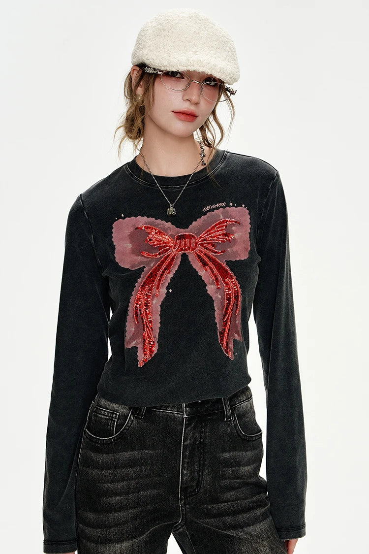 VILZSTUDIOS Bowknot Sequin Embroidered Slim Long Sleeve Top