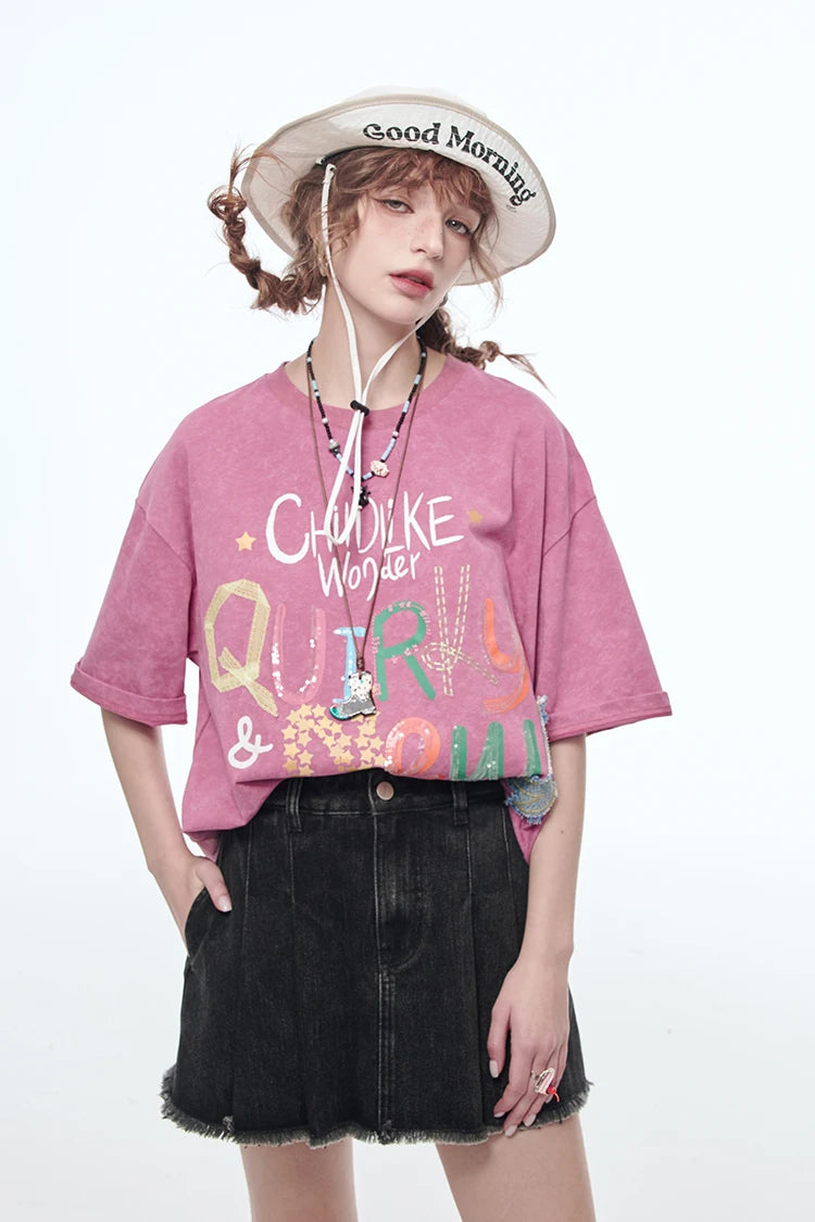 VILZSTUDIOS Sweet Pink Letter Printed T-Shirt