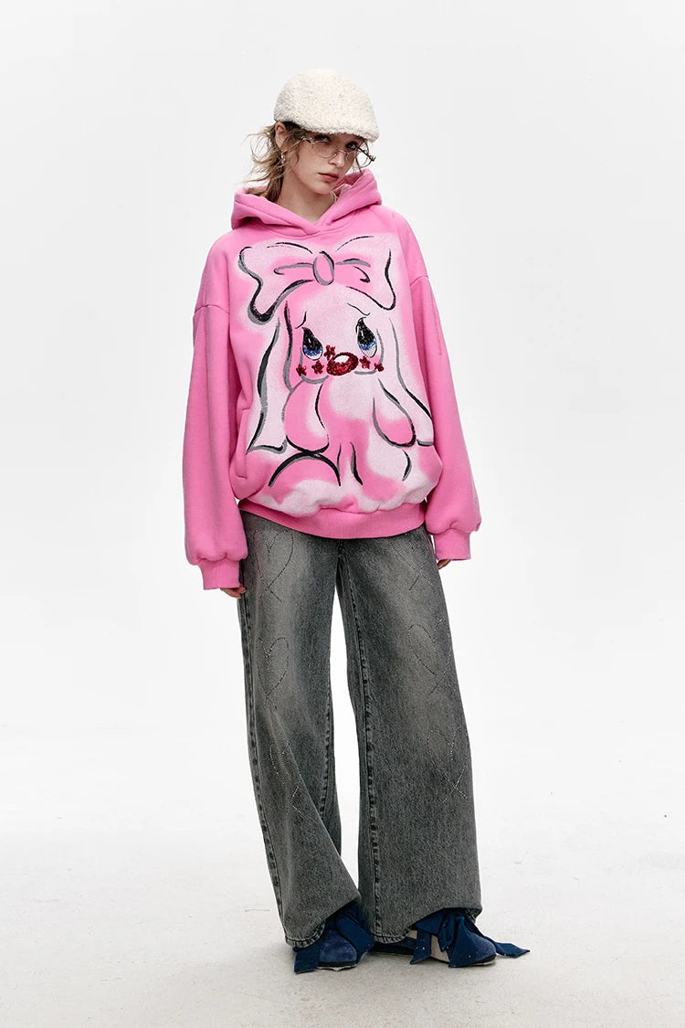 VILZSTUDIOS Pink Velvet Cartoon Rabbit Printed Hoodie