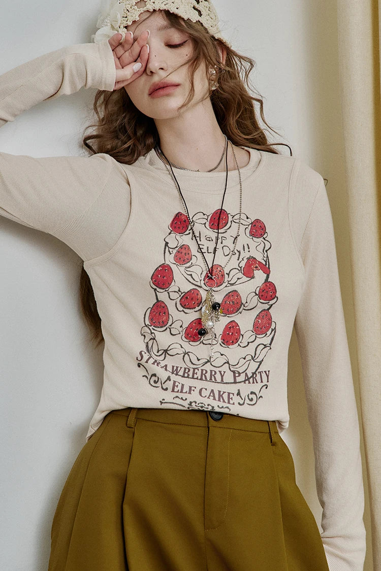 VILZSTUDIOS Strawberry Party Long Sleeve Slim Top