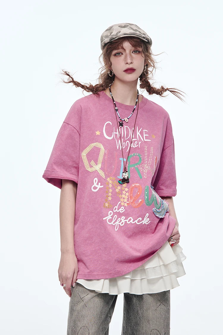 VILZSTUDIOS Sweet Pink Letter Printed T-Shirt