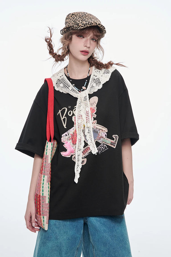 Lace Round Neck Printed T-Shirt