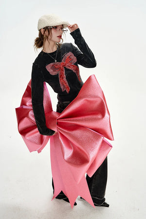 VILZSTUDIOS Bowknot Sequin Embroidered Slim Long Sleeve Top