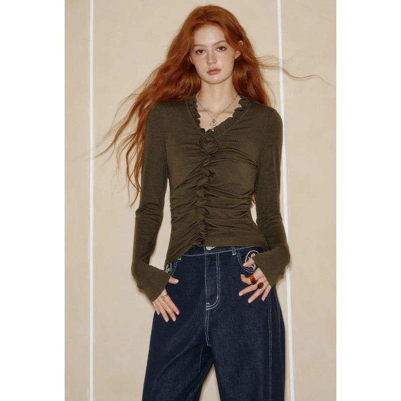 VILZSTUDIOS Feminine Pleated Flower Long Sleeve Top