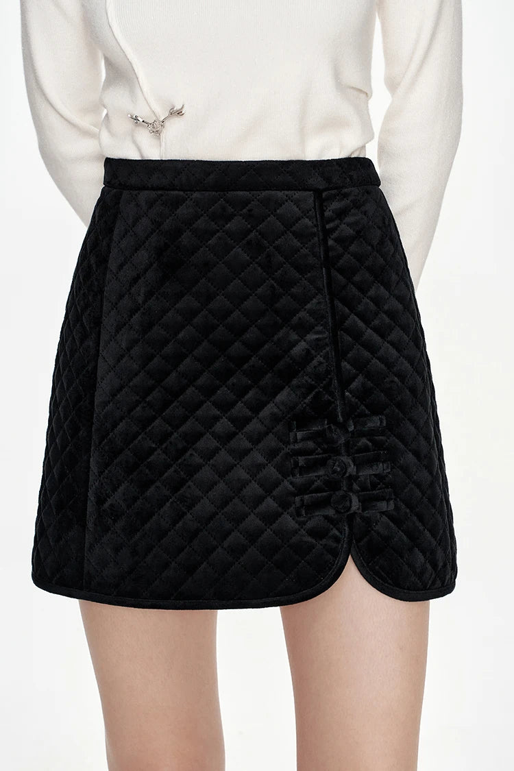 VILZSTUDIOS Stylish Black Diamond Velvet A-Line Skirt