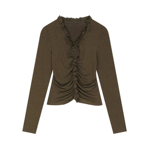 VILZSTUDIOS Feminine Pleated Flower Long Sleeve Top