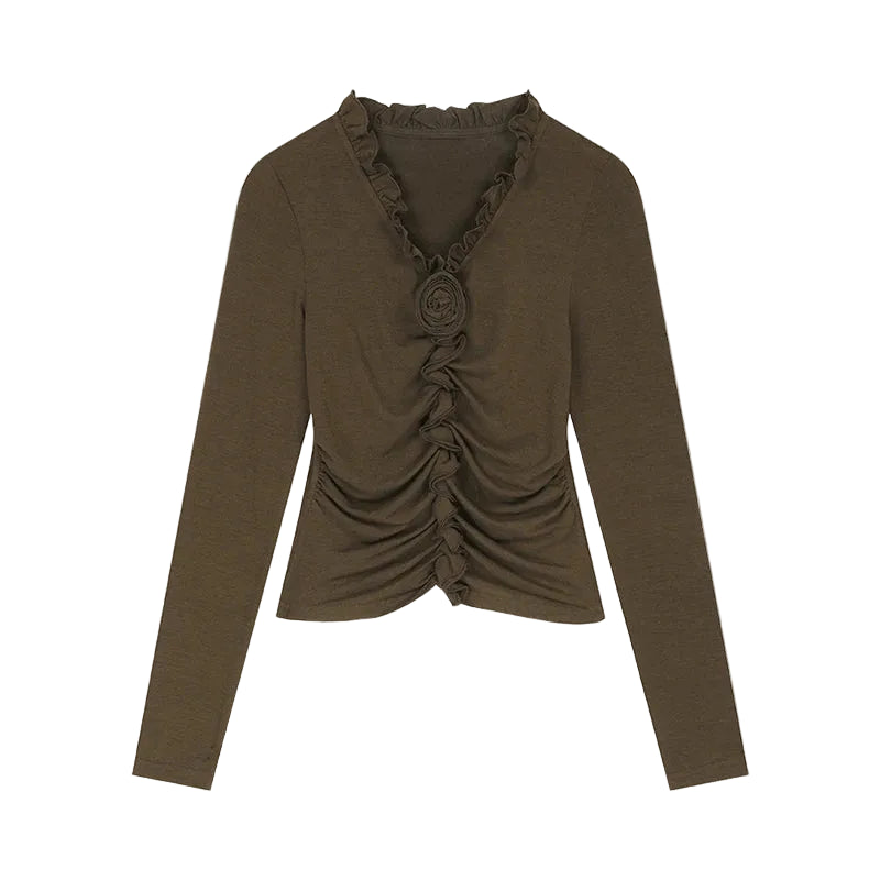 VILZSTUDIOS Feminine Pleated Flower Long Sleeve Top