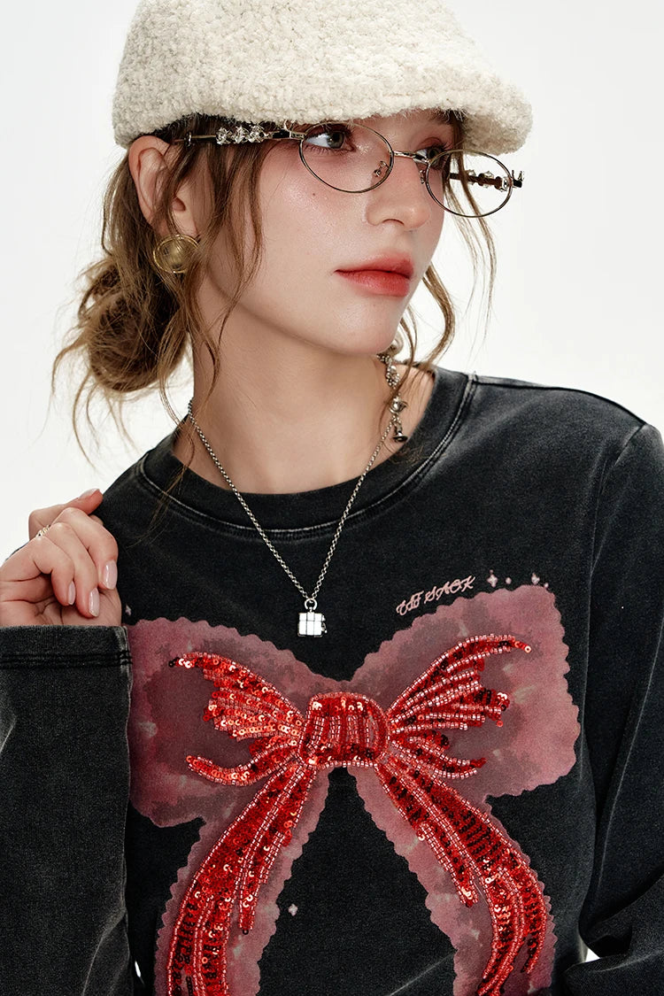 VILZSTUDIOS Bowknot Sequin Embroidered Slim Long Sleeve Top