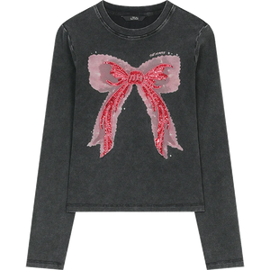 VILZSTUDIOS Bowknot Sequin Embroidered Slim Long Sleeve Top