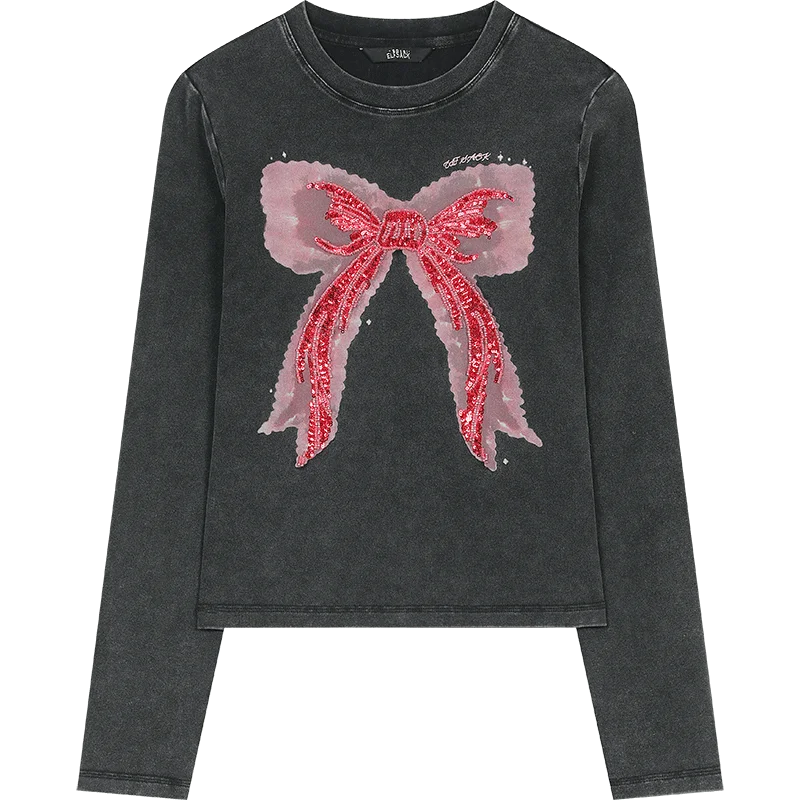 VILZSTUDIOS Bowknot Sequin Embroidered Slim Long Sleeve Top