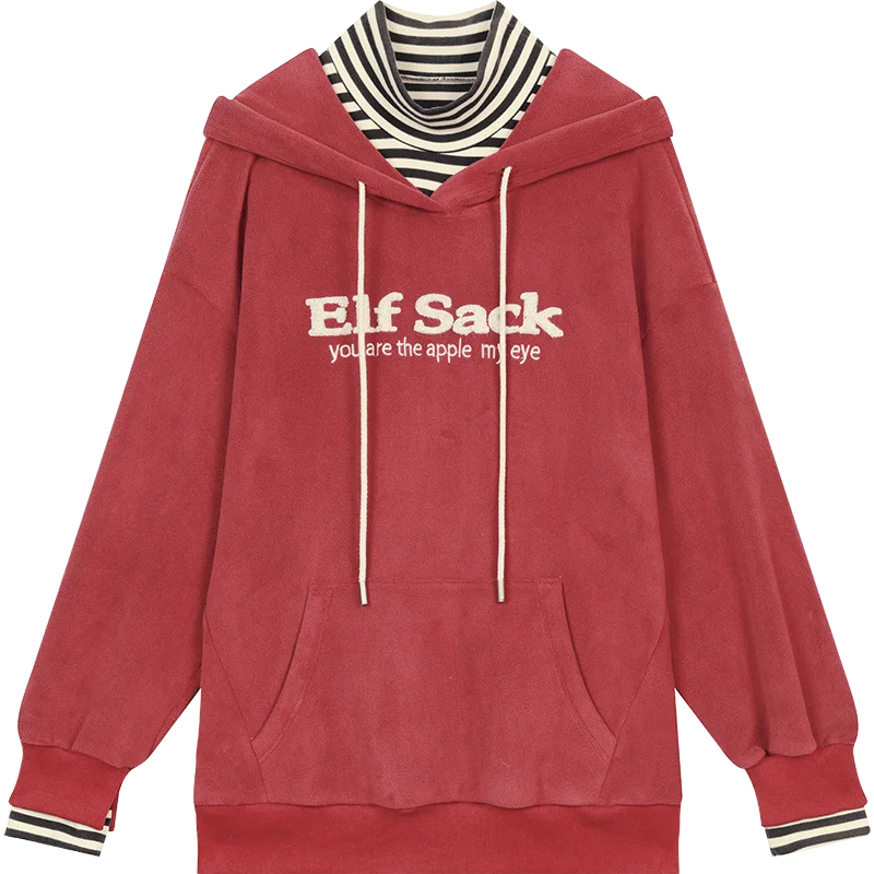 VILZSTUDIOS Red Retro Striped Turtleneck Hoodie