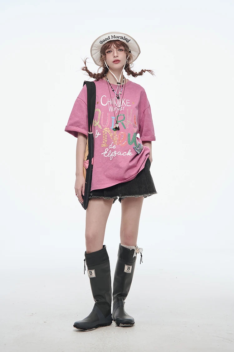 VILZSTUDIOS Sweet Pink Letter Printed T-Shirt