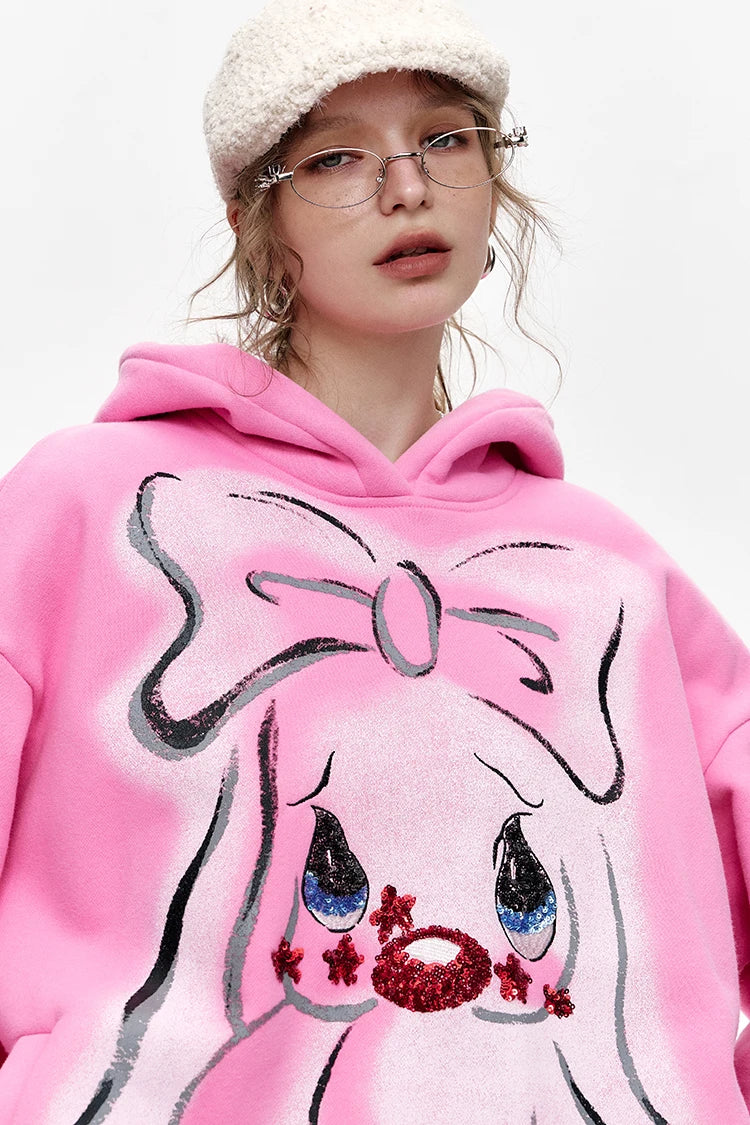 VILZSTUDIOS Pink Velvet Cartoon Rabbit Printed Hoodie