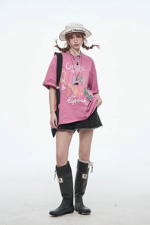VILZSTUDIOS Sweet Pink Letter Printed T-Shirt