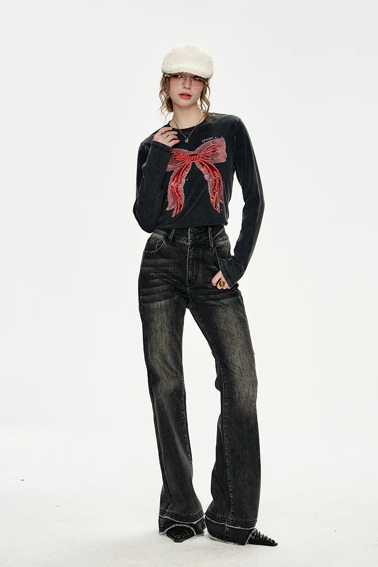 VILZSTUDIOS Bowknot Sequin Embroidered Slim Long Sleeve Top