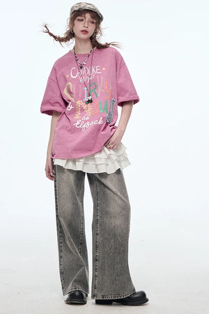 VILZSTUDIOS Sweet Pink Letter Printed T-Shirt