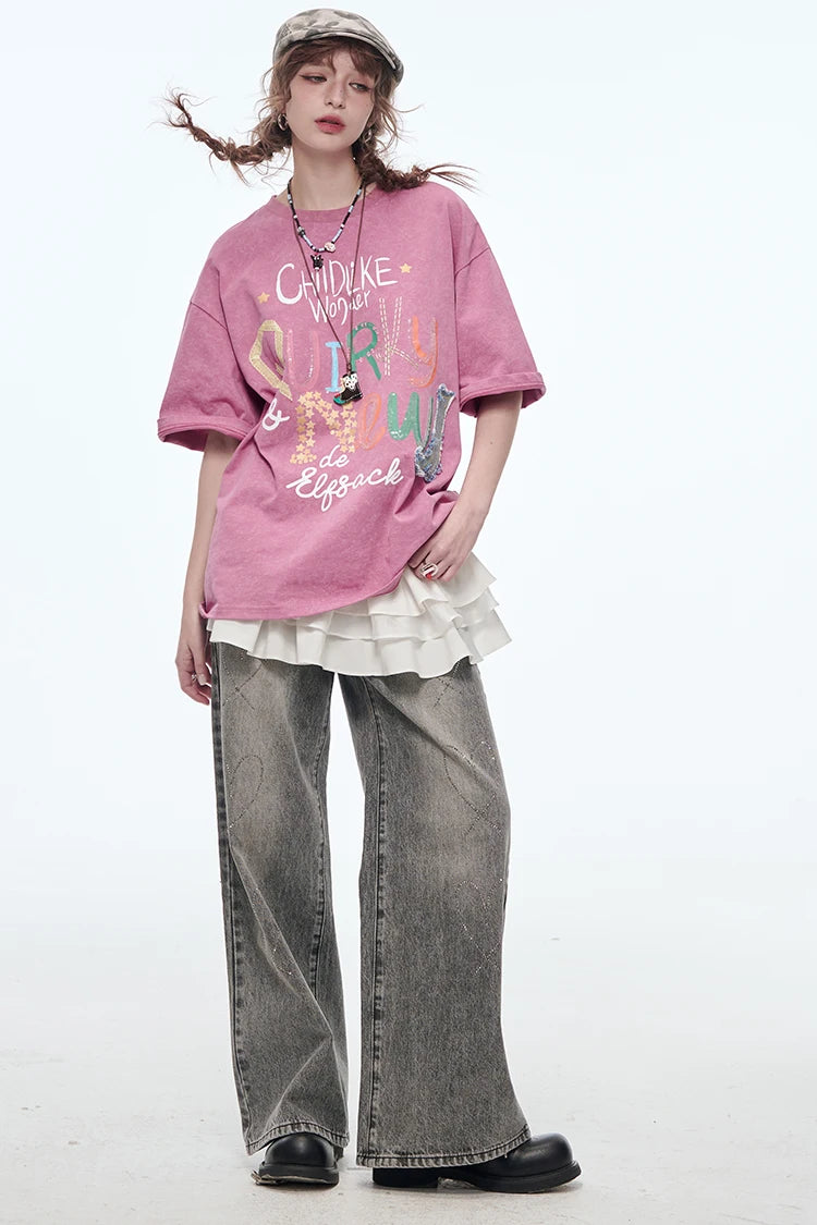 VILZSTUDIOS Sweet Pink Letter Printed T-Shirt