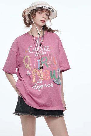 VILZSTUDIOS Sweet Pink Letter Printed T-Shirt