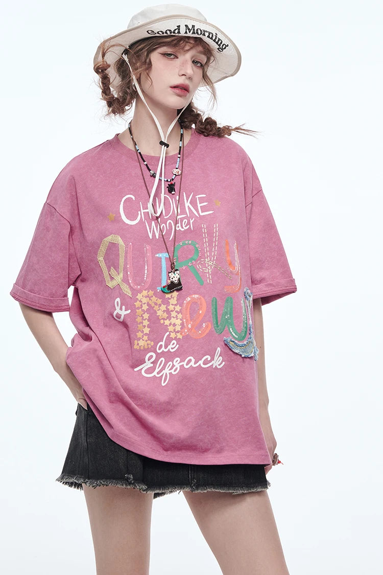 VILZSTUDIOS Sweet Pink Letter Printed T-Shirt