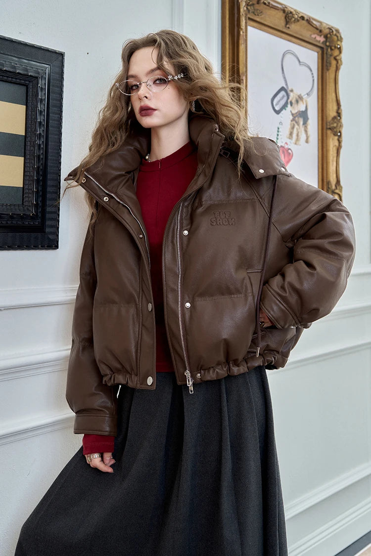 VILZSTUDIOS Cozy Maillard Leather Hooded Puffer Jacket