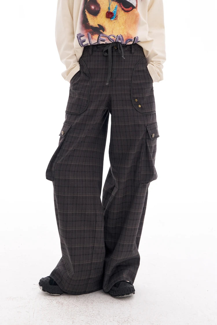 VILZSTUDIOS Retro Plaid High Waist Wide Pants