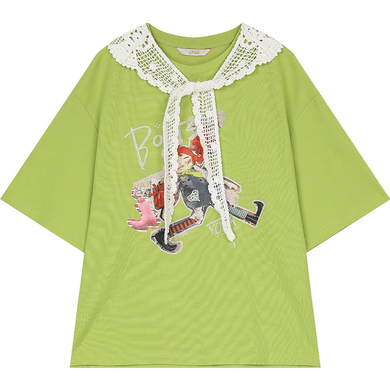 VILZSTUDIOS Lace Round Neck Printed T-Shirt