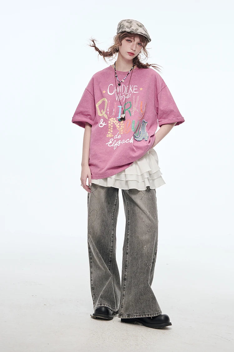 VILZSTUDIOS Sweet Pink Letter Printed T-Shirt