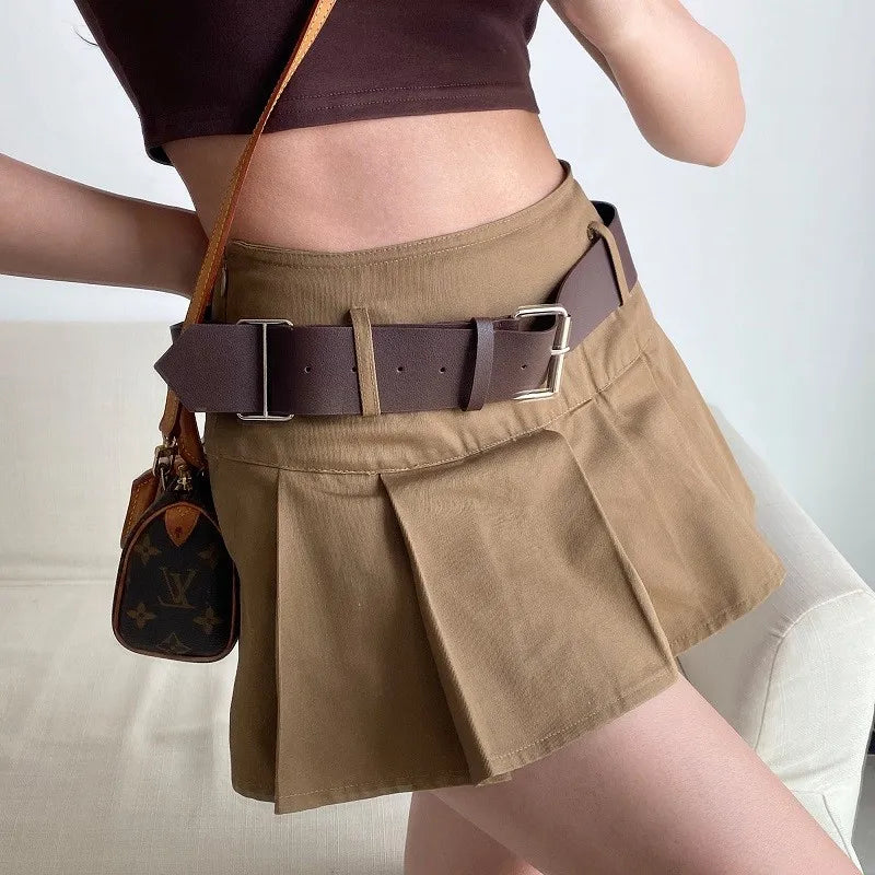 VILZSTUDIOS Brown Pleated Mini Skirt with Belt