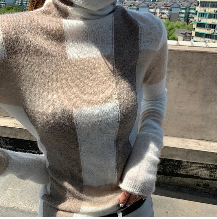 VILZSTUDIOS Turtleneck Plaid Slim Knitted Sweater