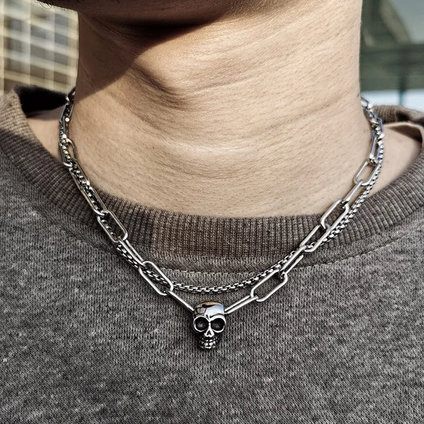 Men Edgy Skull Pendant Double Necklace