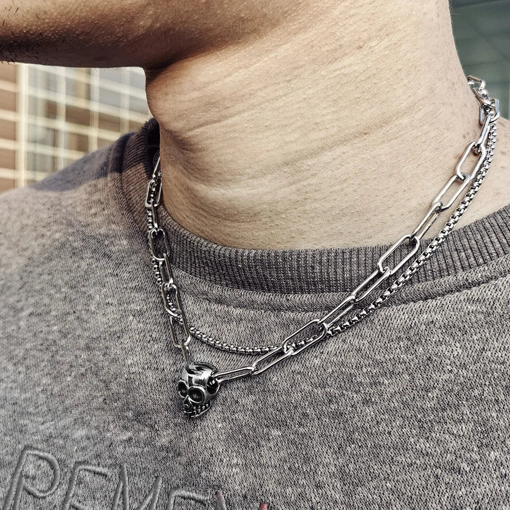 VILZSTUDIOS Men Edgy Skull Pendant Double Necklace
