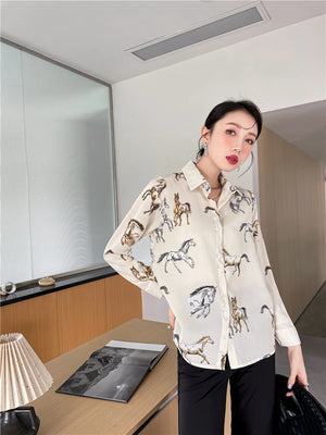 VILZSTUDIOS Chic Chiffon Horse Print Button-Up Shirt