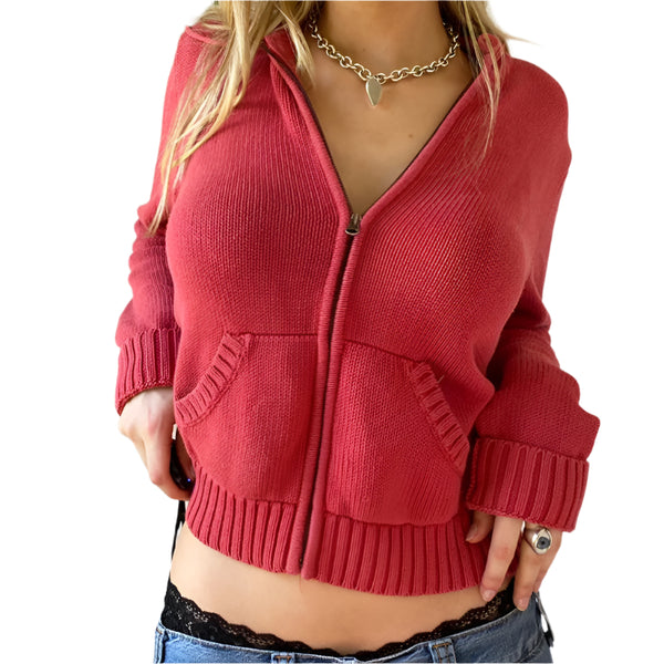 Vintage Knitted Zip-Up Hooded Cardigan