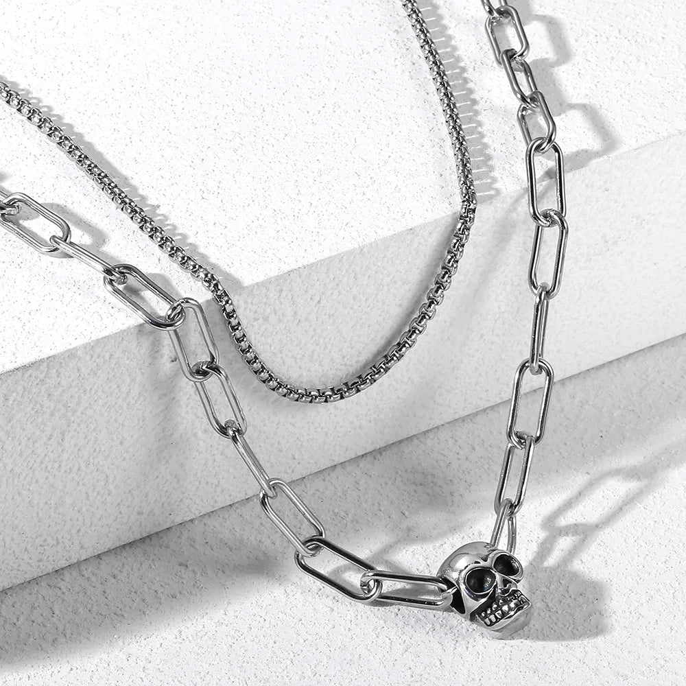 VILZSTUDIOS Men Edgy Skull Pendant Double Necklace