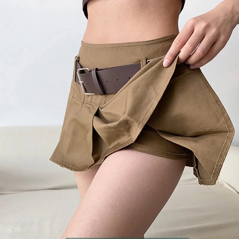 VILZSTUDIOS Brown Pleated Mini Skirt with Belt