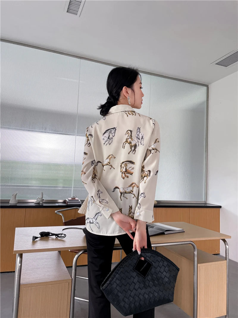 VILZSTUDIOS Chic Chiffon Horse Print Button-Up Shirt