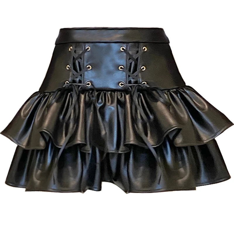 VILZSTUDIOS Lace Up Black Leather Mini Skirt