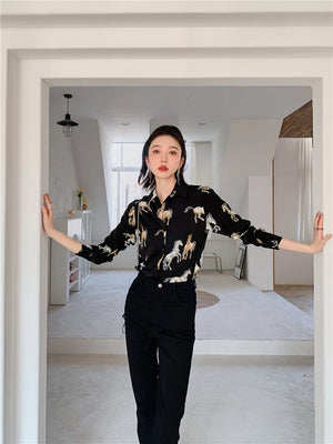 VILZSTUDIOS Chic Chiffon Horse Print Button-Up Shirt