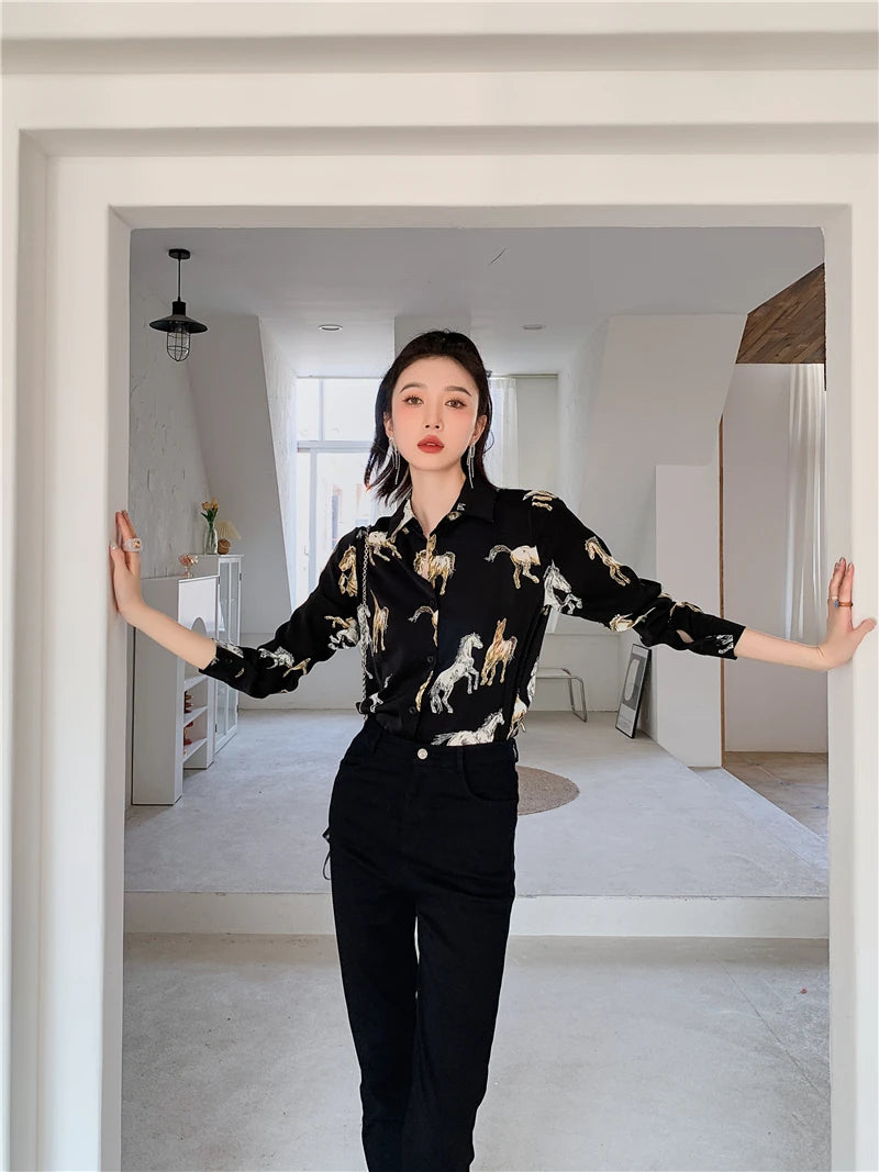 VILZSTUDIOS Chic Chiffon Horse Print Button-Up Shirt